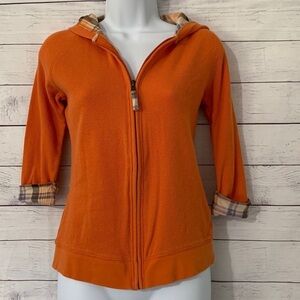 Orange & Plaid Waffle Knit Full Zip Hoodie Sweater Jacket